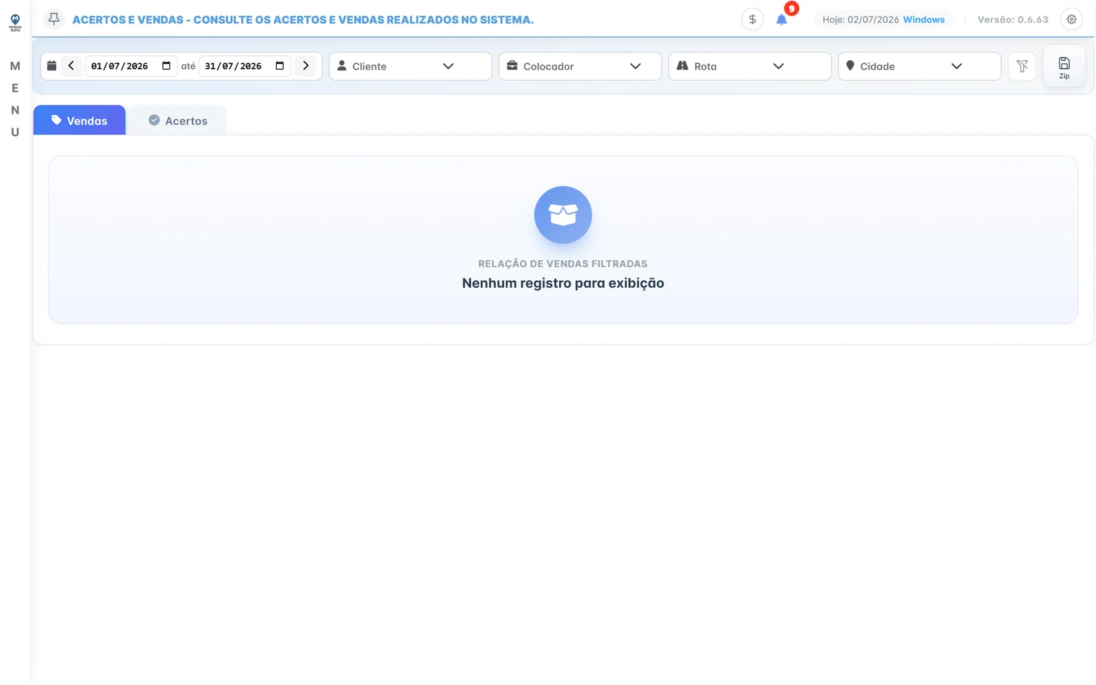 Tela de consulta de acertos e vendas do Minha Rota com abas e filtros