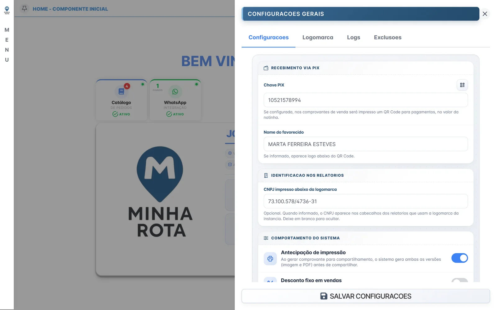 Painel de configurações de instância do Minha Rota com abas de configurações, logomarca, logs e exclusões
