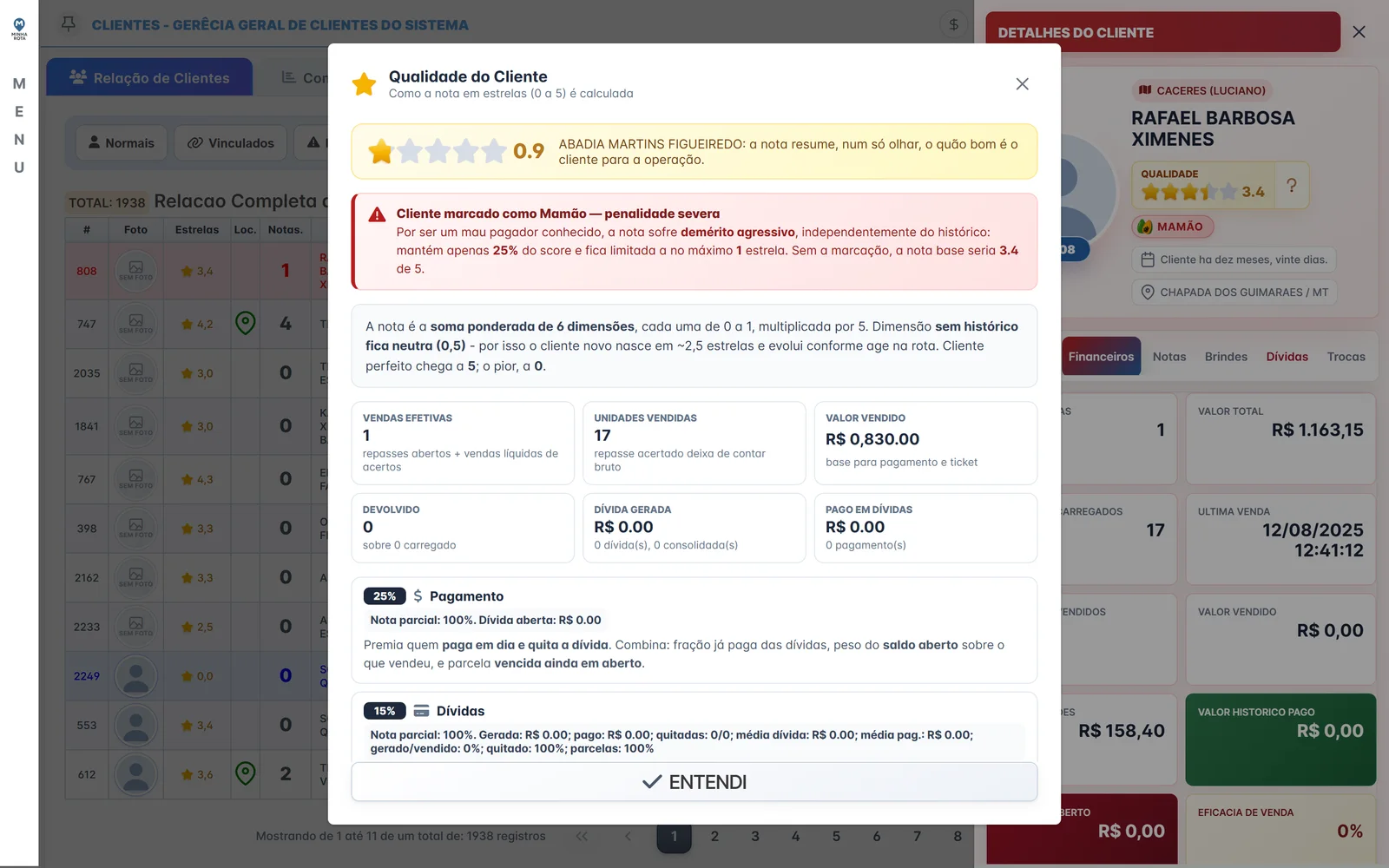 Diálogo de ajuda do Minha Rota explicando o cálculo das estrelas de qualidade do cliente