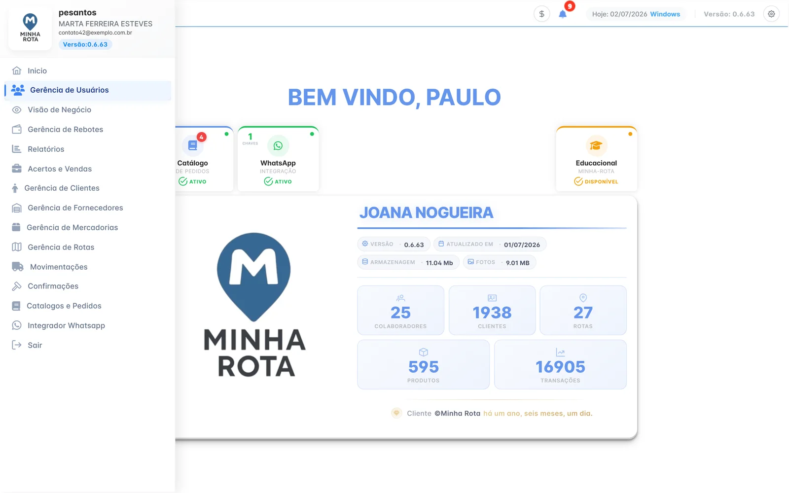Menu principal do módulo administrativo do Minha Rota com todas as seções numeradas
