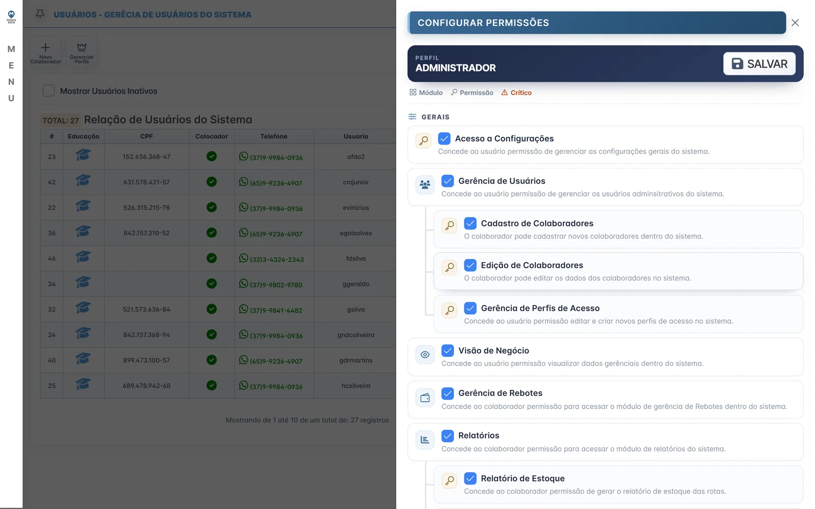 Árvore de permissões de um perfil de acesso do Minha Rota, com módulos e permissões marcáveis