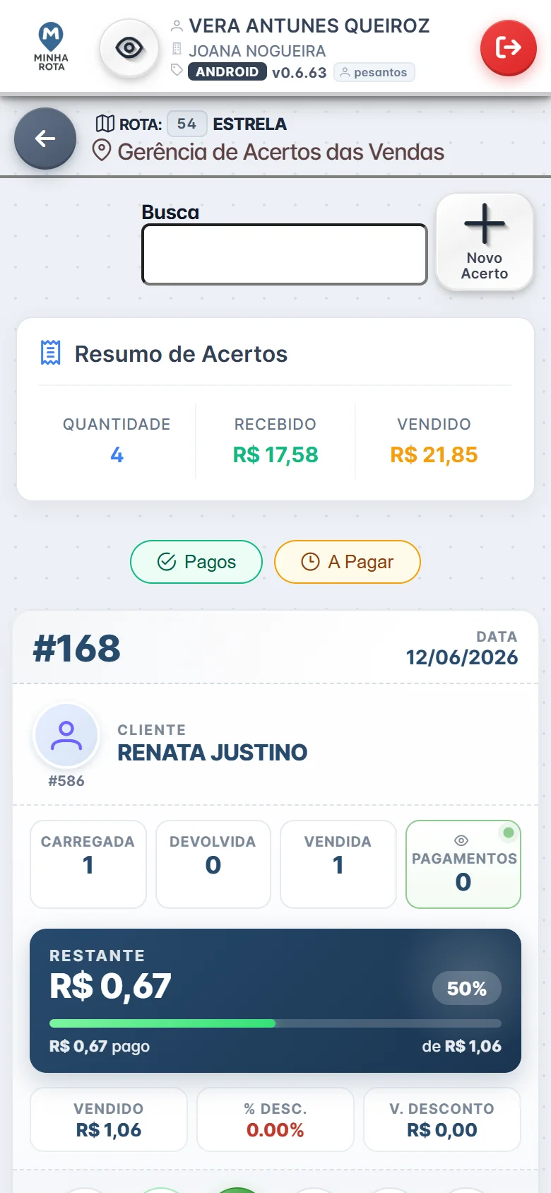 Tela de acertos do app do colocador do Minha Rota