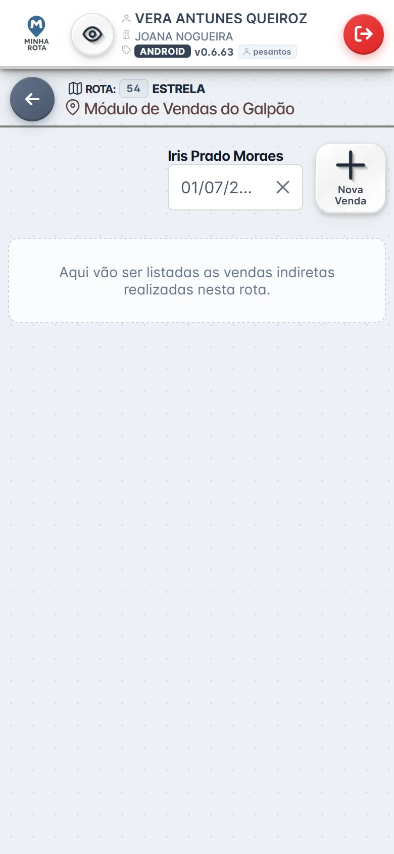 Tela de vendas indiretas do galpão no app do Minha Rota