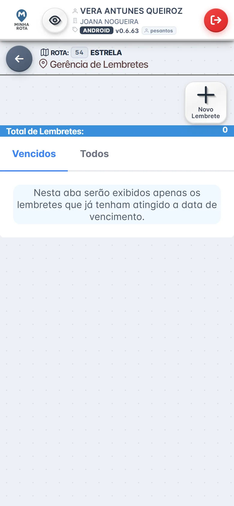 Tela de lembretes do app do colocador do Minha Rota