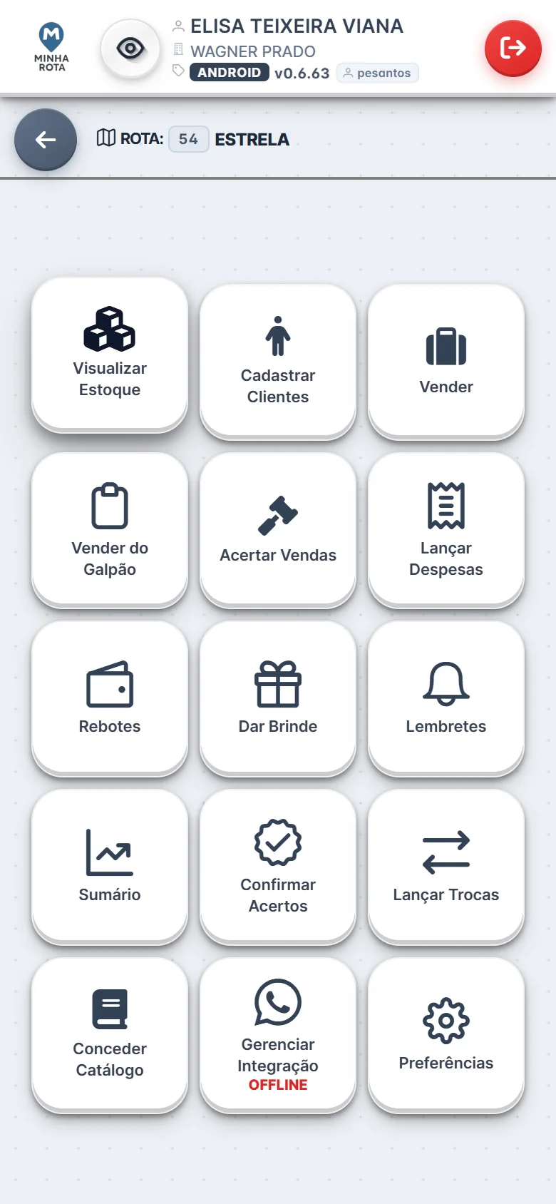 Menu principal do app do colocador do Minha Rota com os cards de funções numerados