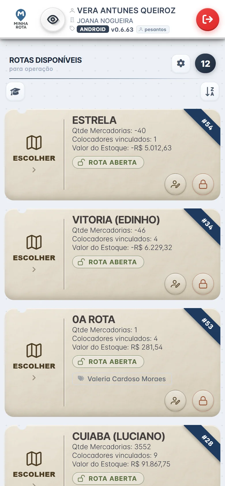 Tela de seleção de rota do app do colocador do Minha Rota