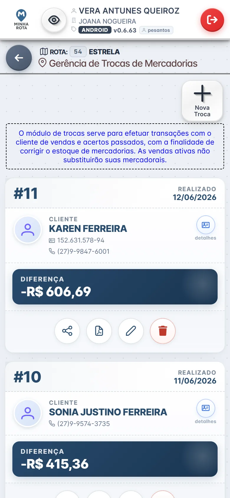 Tela de trocas do app do colocador do Minha Rota