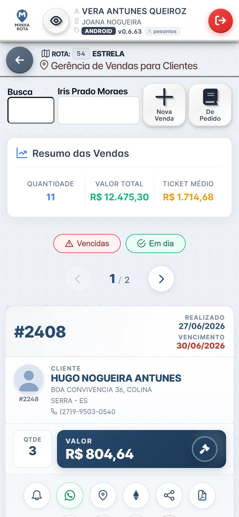 Tela de vendas do app do colocador do Minha Rota
