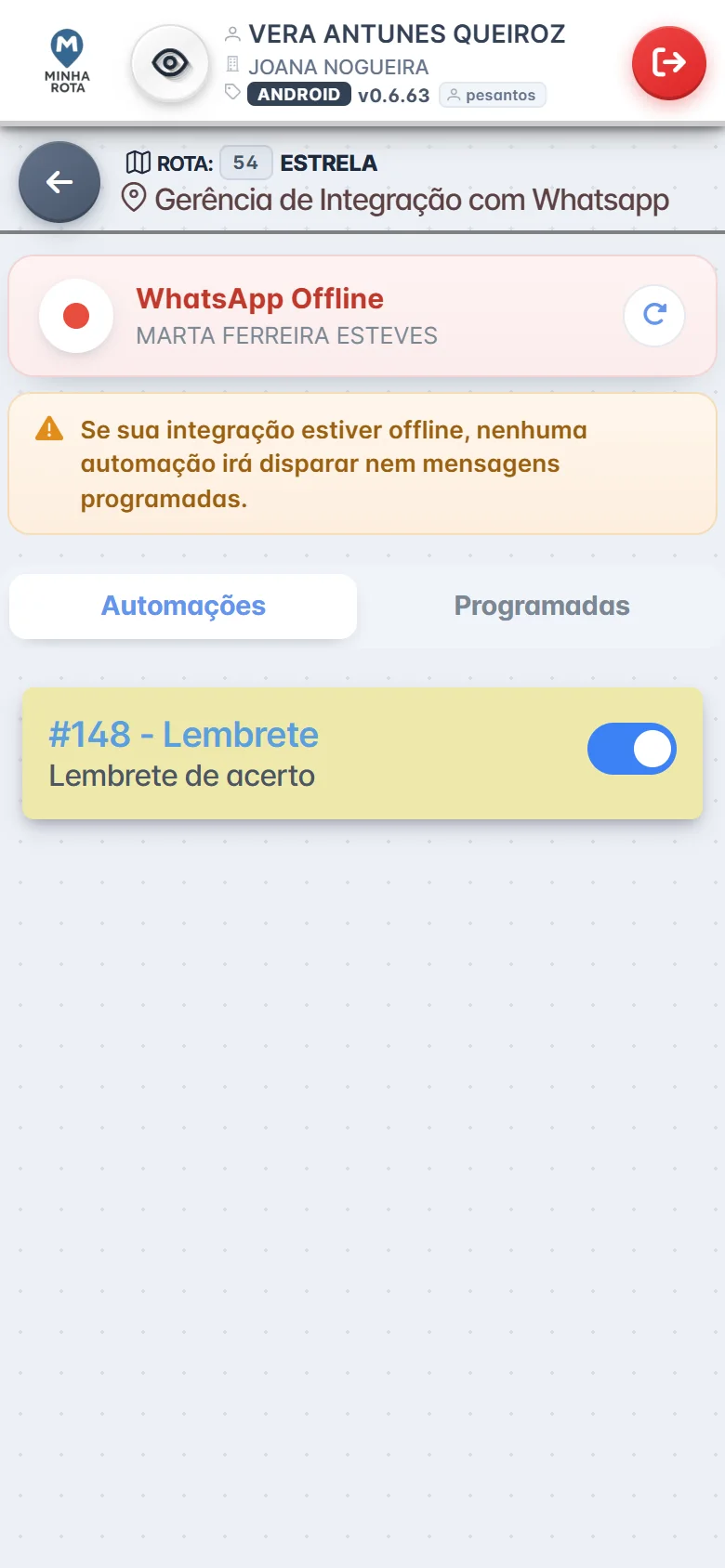 Tela de gerenciamento da integração WhatsApp no app do colocador do Minha Rota